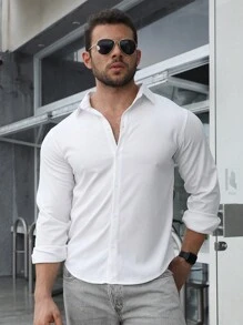 Hombres Camisa unicolor con botón - Blanco - Ver 1