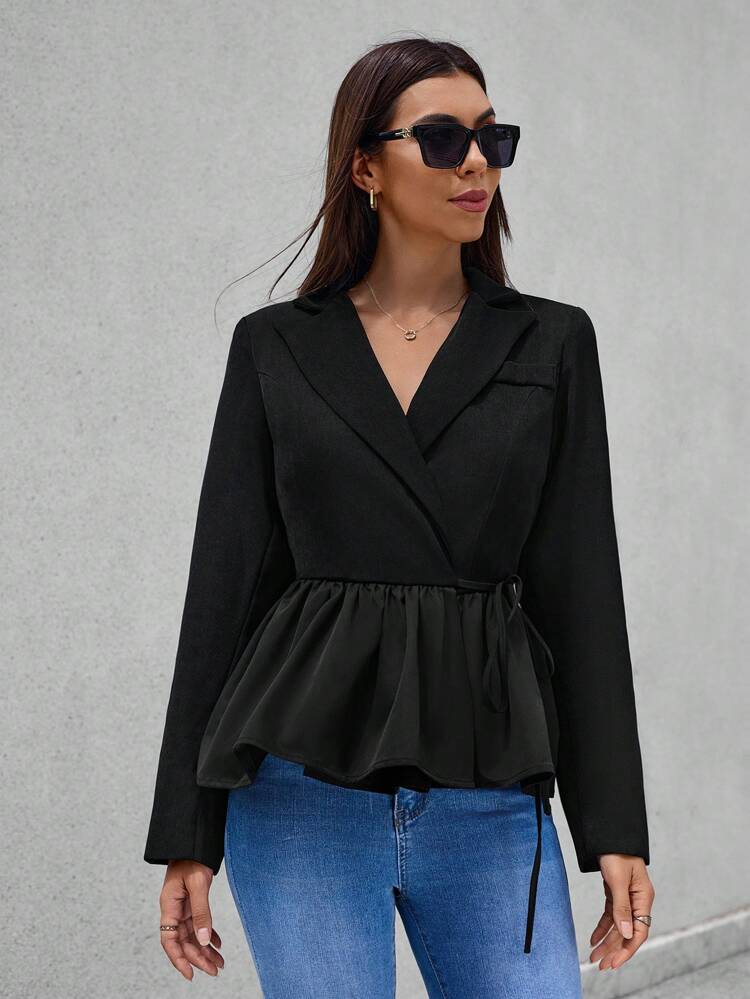 Lapel Neck Knot Side Wrap Peplum Blazer Fall Cloth For Women