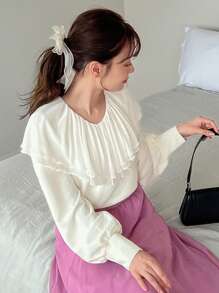 FRIFUL Chất rắn Viền Ruffle Tay áo Đèn lồng Áo thun - Màu be - Xem 7