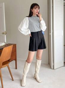 FRIFUL 格纹印花荷叶边灯笼袖衬衫长袖上衣 - 黑與白 - 查看 7