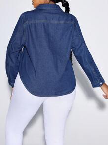 SHEIN Plus Half Zip Flap Pocket Curved Hem Denim Top - Dark Wash - View 2