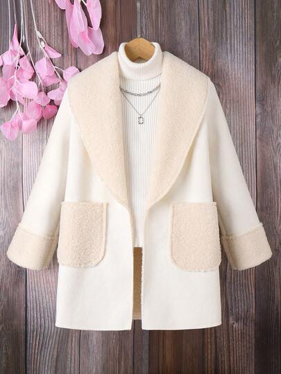 SHEIN 女大童1入組雙口袋開門襟毛絨內襯花呢外套