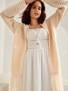 Bohemela Cardigan mit Fransen-Saum und Dropped-Shoulder - Aprikosenfarben - Übersicht 3