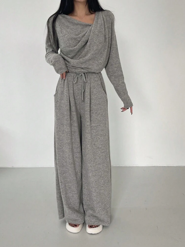 Solid Cowl Neck Tee & Drawstring Waist Wide Leg Pants, Women Two Pieces Sets Lounge Sets For Women