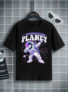 Solid Color Short Sleeve Aero Space & Letter Graphic T-Shirt For Teen Boys - Black - View 1