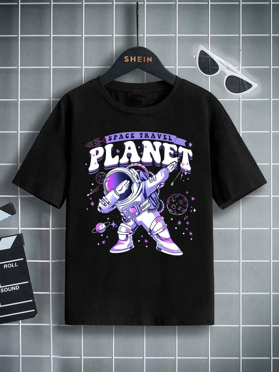 Solid Color Short Sleeve Aero Space & Letter Graphic T-Shirt For Teen Boys - Black - View 1