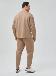 GENTILAND Men Plus Slogan Graphic Sweatshirt & Sweatpants - Khaki - View 2