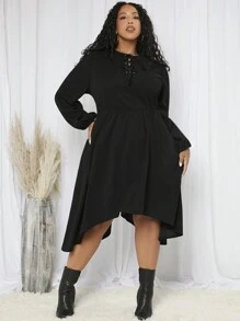 SHEIN CURVE+ 大碼前繫帶燈籠袖洋裝 - 黑色 - 查看 3
