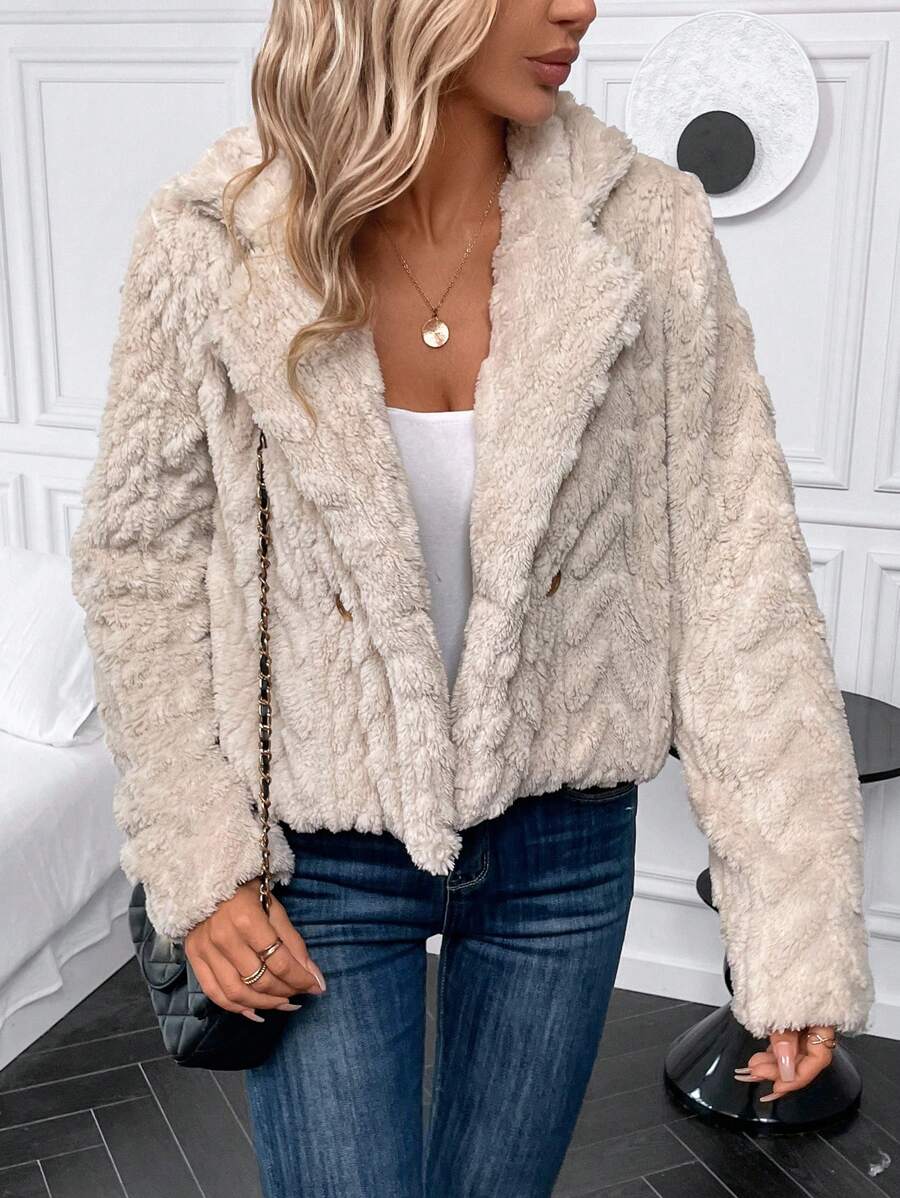 SHEIN Clasi 西裝領開門襟毛絨夾克 - 杏色 - 查看 1