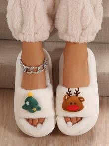 Của phụ nữ Đế dày Phim hoạt hình dễ thương Giáng sinh Dép đi trong nhà Với Lông Chi tiết - Màu be - Xem 2
