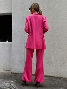 SHEIN Privé Cổ áo Áo vest & Đường may Chi tiết Quần ống loe - Màu Hồng Tươi - Xem 2