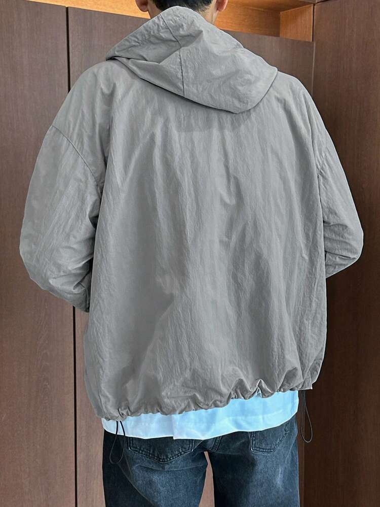 Men Letter Graphic Patched Detail Drop Shoulder Drawstring Hem Hooded Jacket