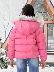 SHEIN Tween Girl Flap Pocket Fuzzy Trim Hooded Padded Coat - Pink - View 2