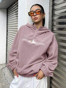 DAZY Mountain & Letter Embroidery Drop Shoulder Hoodie,Fall Women Clothes Sweatshirt - Pink - View 3
