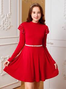 SHEIN 青少年女孩珍珠串珠小高領洋裝不附腰帶適用於聖誕 - 紅色 - 查看 3