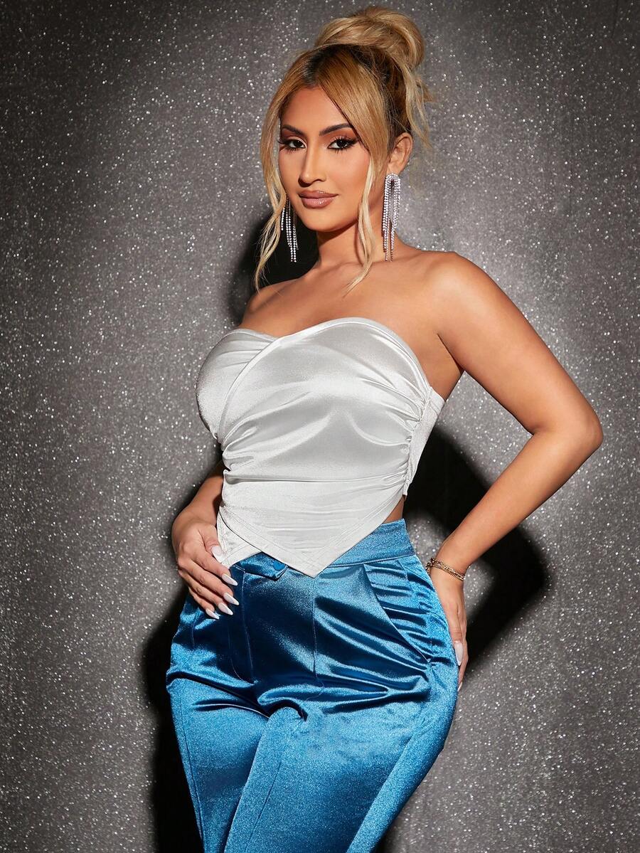 SHEIN SXY Ruched Side Asymmetrical Hem Satin Tube Top - White - View 1