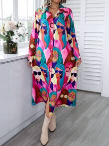 Calvaya Đầm dài thường ngày in hoa cổ polo tay dài xắn gấu cỡ lớn thích hợp cho đi chơi và dự tiệc - Nhiều màu - Xem 6