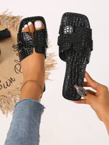 校園風格簡約風和多用途方頭女性拖鞋 - 黑色 - 查看 1