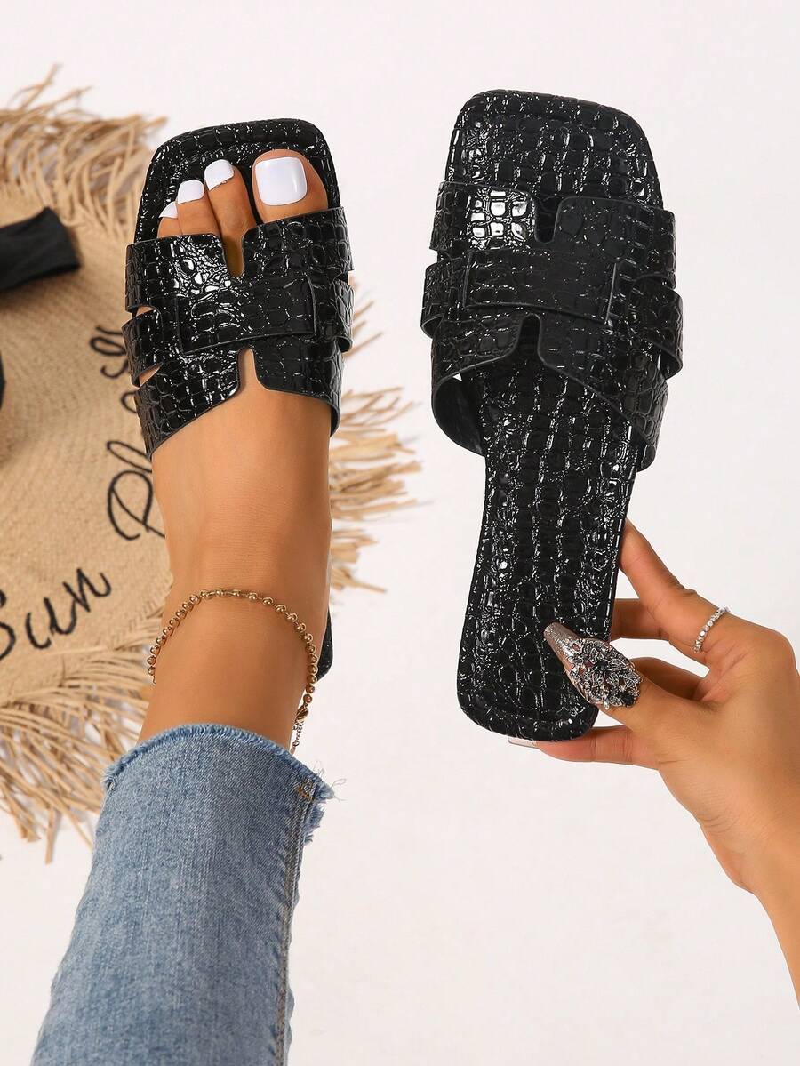 校園風格簡約風和多用途方頭女性拖鞋 - 黑色 - 查看 1