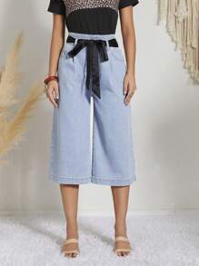 SHEIN LUNE High Waist Belted Wide Leg Jeans - Light Wash - View 1