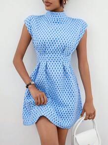 SHEIN Privé 小高領拼接細節連衣裙 - 藍色 - 查看 1