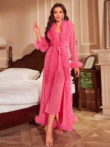 Slumberist Mesh Trim Belted Robe & Mesh Dress PJ Set / Pajama Set - Hot Pink - View 7