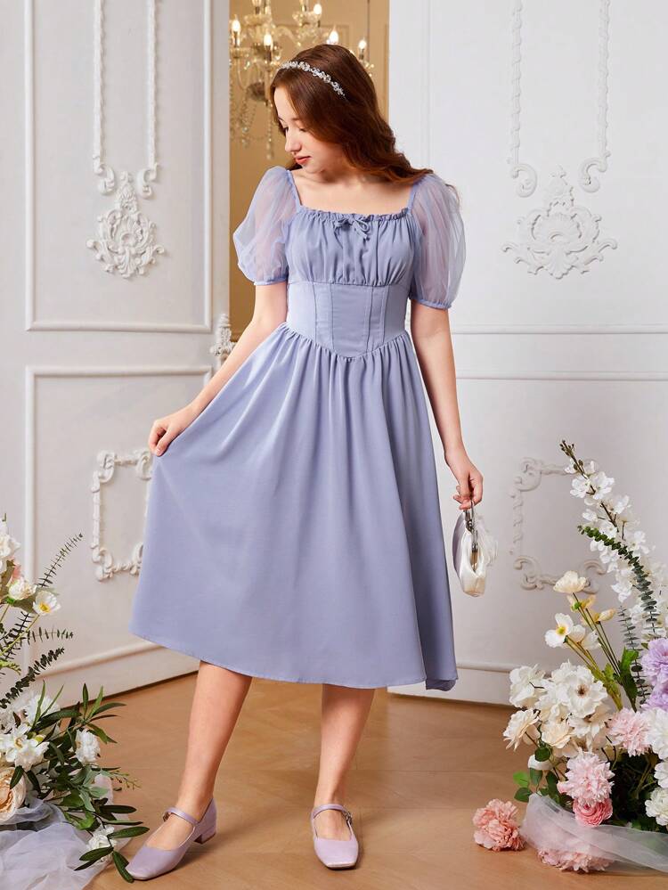 Teen Girl Square Neck Puff Sleeve Dress