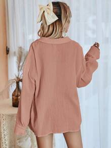 SHEIN Frenchy Solid Drop Shoulder Button Front Shirt - Dusty Pink - View 2