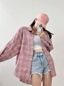 DAZY Plaid Print Drop Shoulder Shirt,Long Sleeve Tops,Back To School Clothes,Flannels Women - Pink - View 4