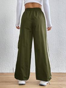 SHEIN EZwear Contrast Tape Side Flap Pocket Side Cargo Pants - Army Green - View 3
