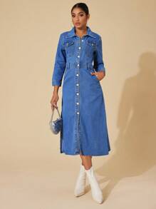 SHEIN Privé Flap Pocket Button Front Denim Dress - Blue - View 3