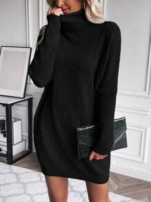 EMERY ROSE 高領蝙蝠袖毛衣洋裝不附腰帶 - 黑色 - 查看 5