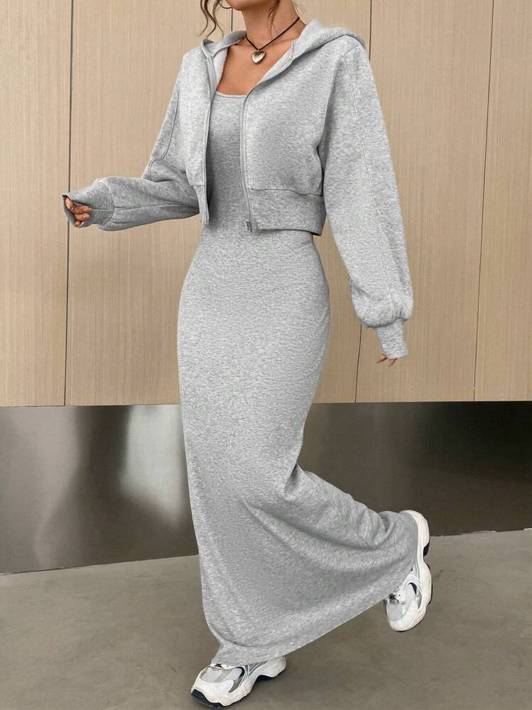 SHEIN EZwear Drop Shoulder Zip Up Hoodie & Cami Dress - Light Grey - View 3