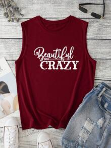 SHEIN EZwear Top tank con estampado de letra - Burdeos - Ver 6