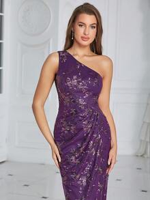Eilly Bazar One Shoulder Wrap Hem Sequin Prom Dress - Purple - View 5