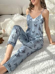 Butterfly Print Satin PJ Set / Pajama Set - Dusty Blue - View 1