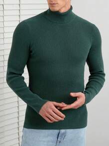 RueChic Men Solid Turtleneck Ribbed Knit Sweater - Green - View 4