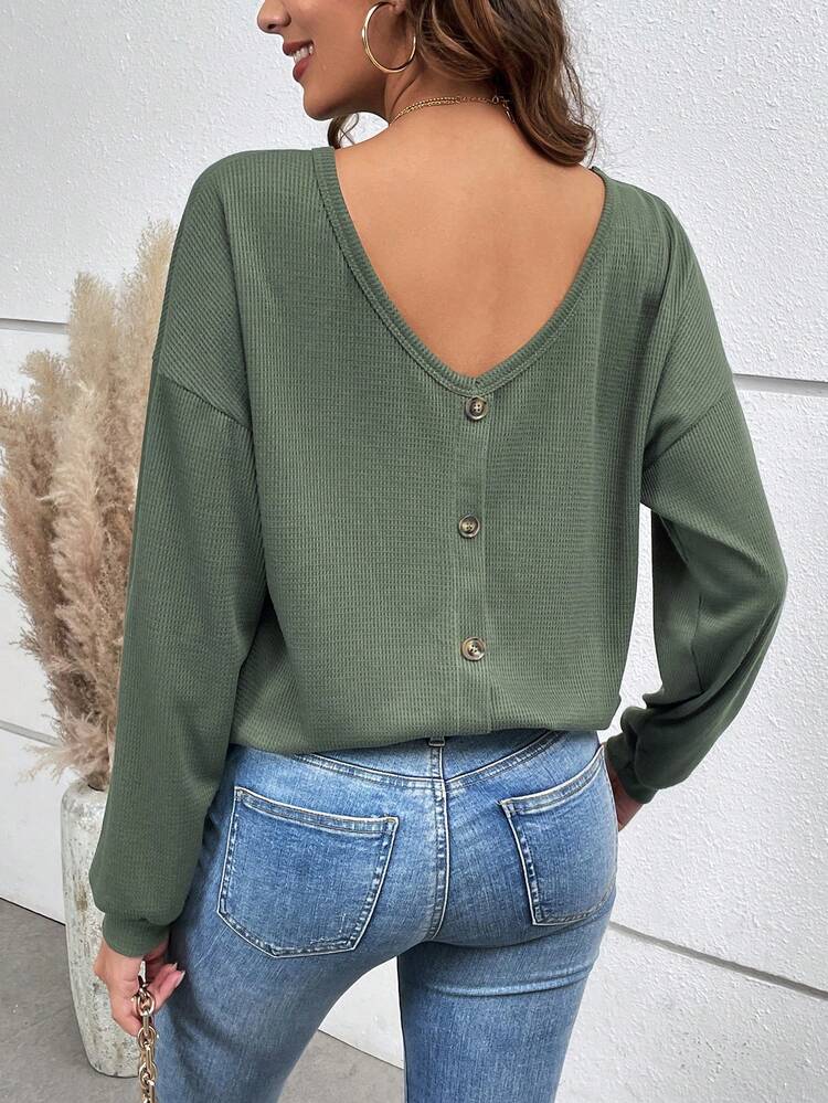 SHEIN VCAY 後紐扣落肩T恤 - 綠色 - 查看 3