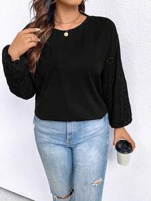 SHEIN LUNE Plus Eyelet Embroidery Lantern Sleeve Tee - Black - View 6