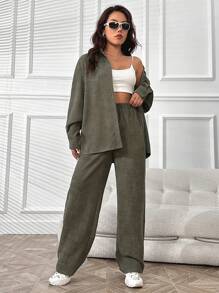 SHEIN Unity Solid Button Front Shirt & Flare Leg Pants - Army Green - View 5