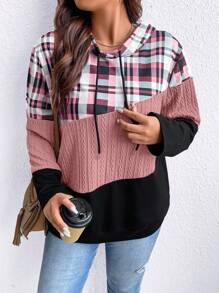 SHEIN LUNE 加大码格子印花撞色抽绳卫衣 - 粉色 - 查看 3