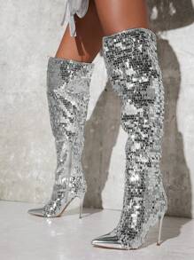 Sequin Over The Knee Boots - Silver - View 6