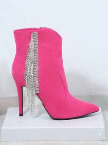 SHUZIA Faux Suede Rhinestone Fringe Detail Stiletto Heel Booties - Hot Pink - View 4