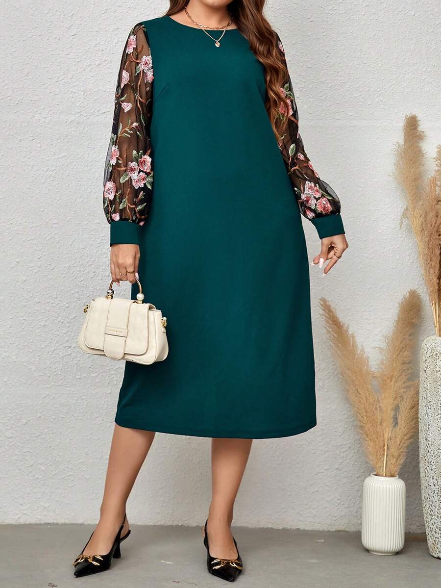 EMERY ROSE Plus Floral Embroidered Mesh Sleeve Dress - Dark Green - View 1