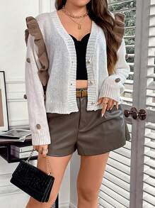 SHEIN Clasi 大碼小絨球細節荷葉邊開襟衫 - 白色 - 查看 3