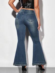 SHEIN BAE 高腰流蘇下擺牛仔喇叭褲 - 藍色 - 查看 3