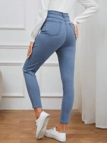 SHEIN 孕婦高腰花卉刺繡緊身牛仔褲 - 淺色水洗藍 - 查看 3