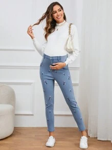 SHEIN 孕婦高腰花卉刺繡緊身牛仔褲 - 淺色水洗藍 - 查看 5