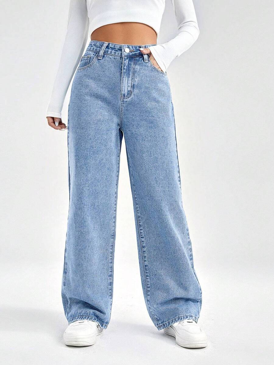 SHEIN EZwear High Waist Wide Leg Jeans - Light Wash - View 1