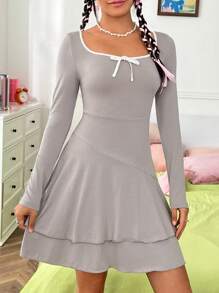 SHEIN EZwear 撞色滾邊前打結層疊下擺洋裝 - 灰色 - 查看 4